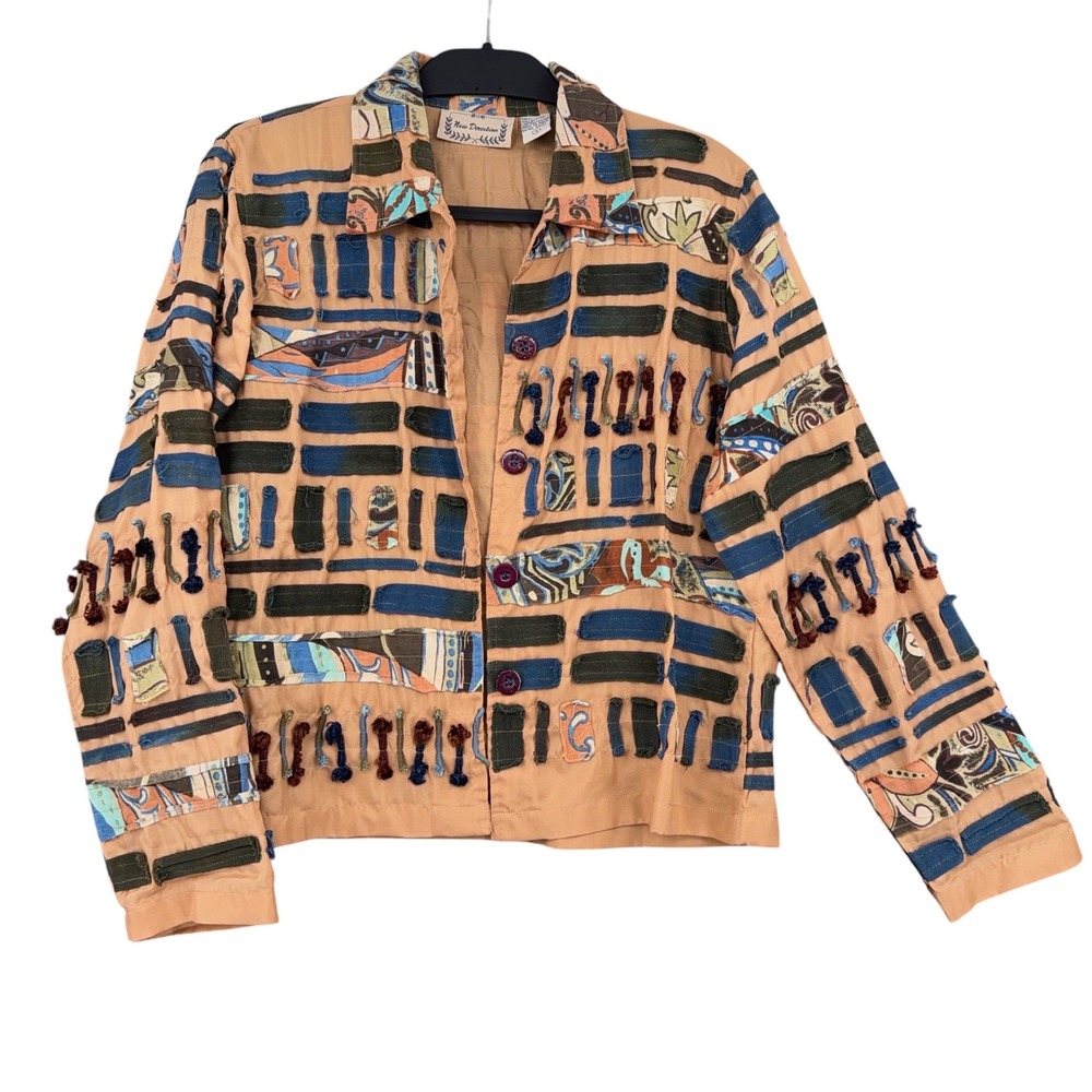 New Direction Art to Wear Women S Cotton Patchwork Textured Jacket Tan Multi